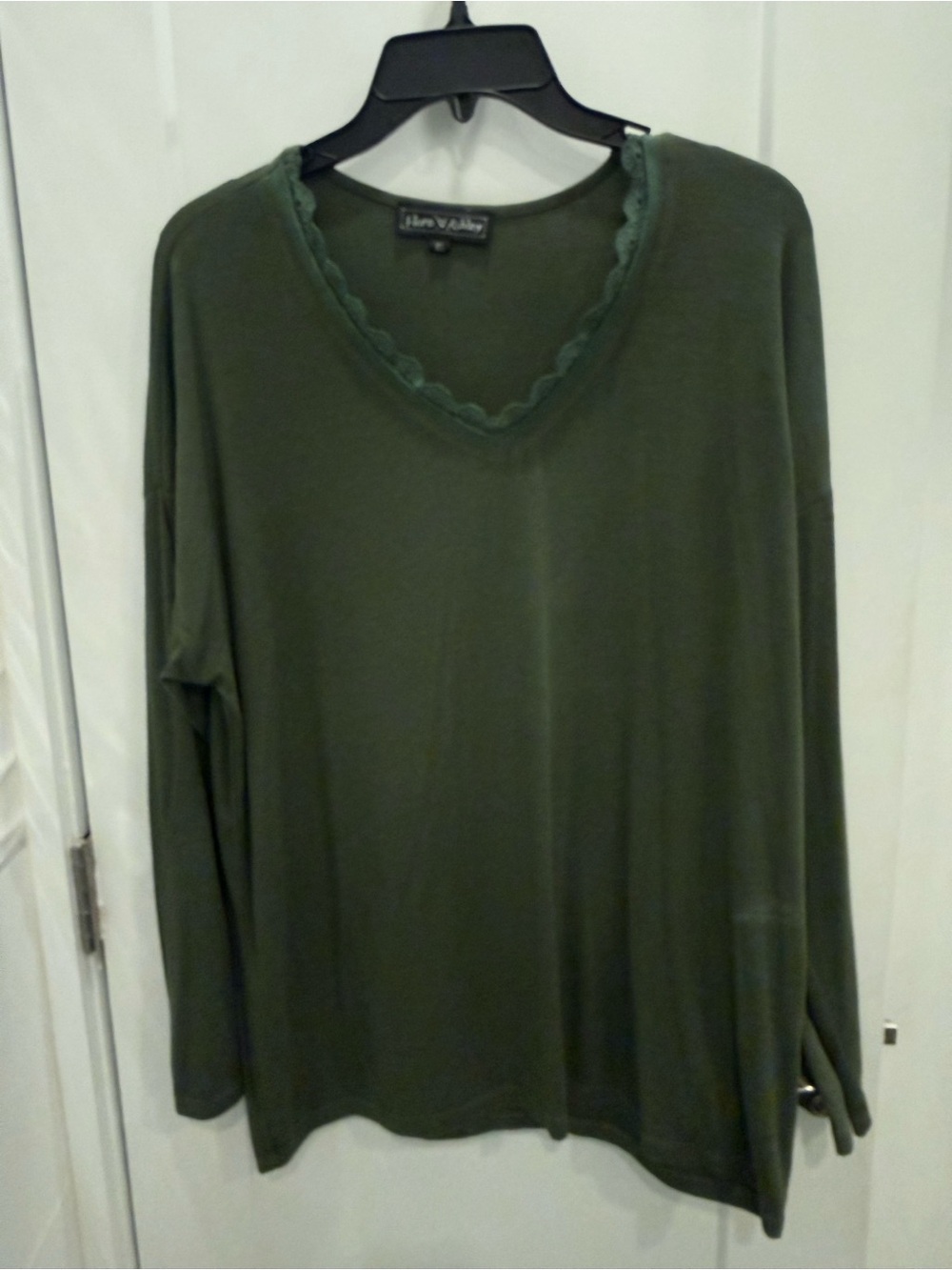 Olive Green Scalloped V-Neck Long Sleeve Top by Flora Ashley